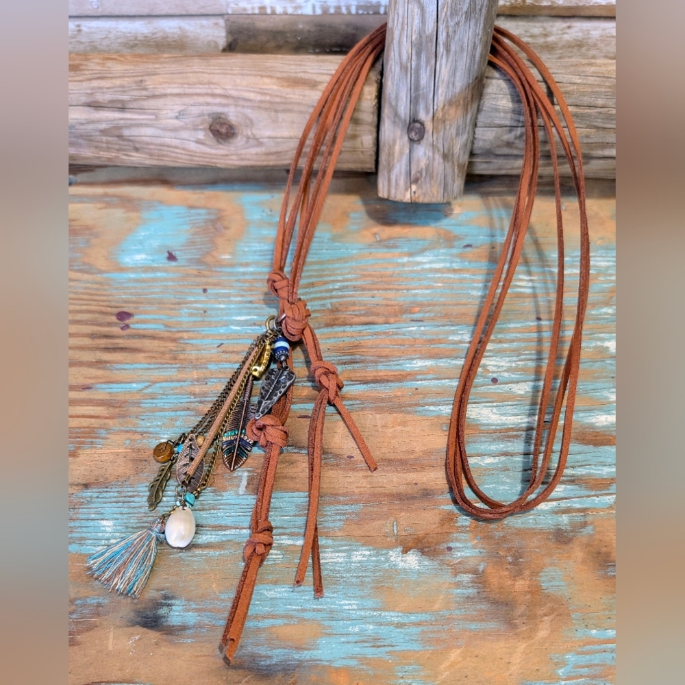 New Handcrafted 3 Strand Brown Suede Necklace W Charms Boho Southwestern